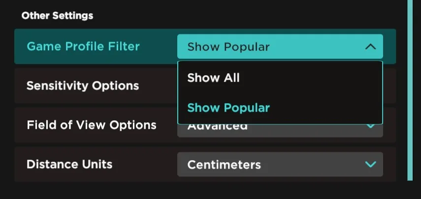 The Game Profile Filter on Aimlabs